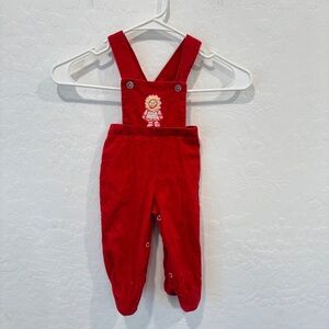 Vintage Colorkids Overalls 0-6 Months Red Corduroy Cotton Embroidered Flower
